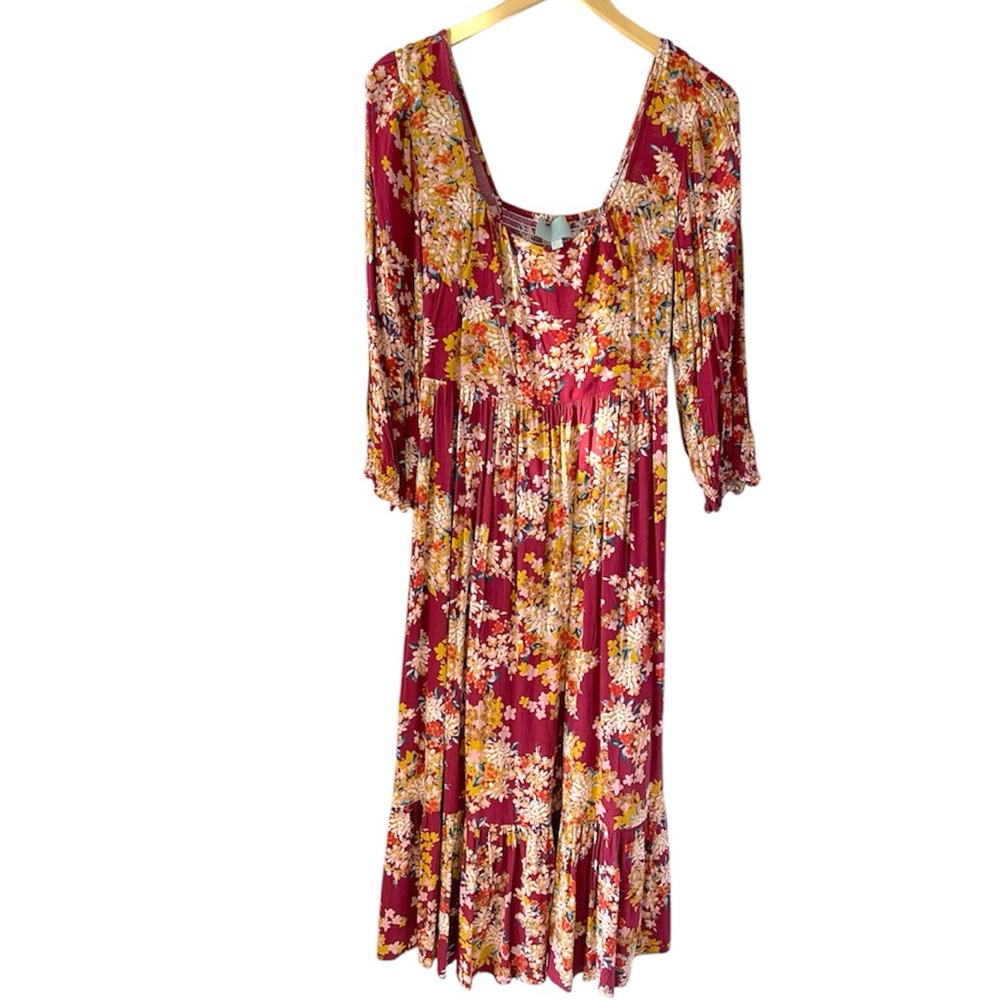 Skies Are Blue Burgundy Floral Ruffle Midi Dress-Small